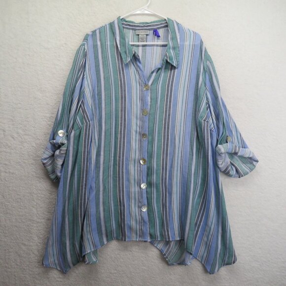 Catherines Shirt Womens Size 3X Stripe Blouse Blue Green Roll Tab Sleeves - Picture 1 of 8